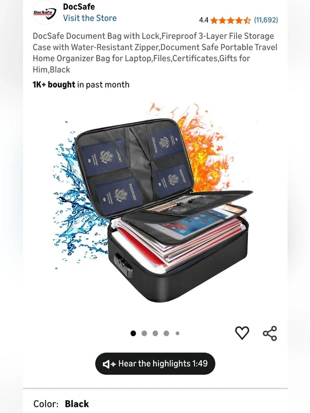 Fireproof Document Bag for Men - Black